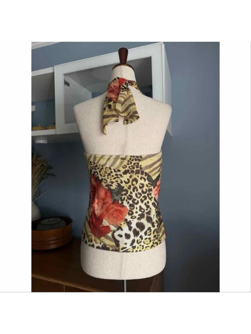 St. John Sport Vtg Y2K Floral Leopard Halter Top Size S Shelf Bra